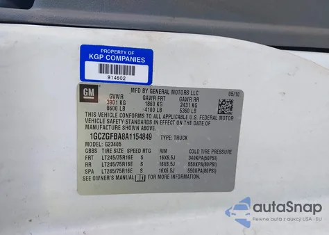 2010 Chevrolet Express 2500 Work Van z USA, uszkodzony, nr VIN 1GCZGFBA8A1154849